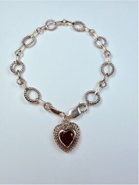 14K Gold Town & Country Garnet Heart 925 Sterling Silver Station Link Bracelet